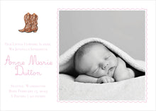 Load image into Gallery viewer, Watercolor Cowboy Boots Birth Announcement
