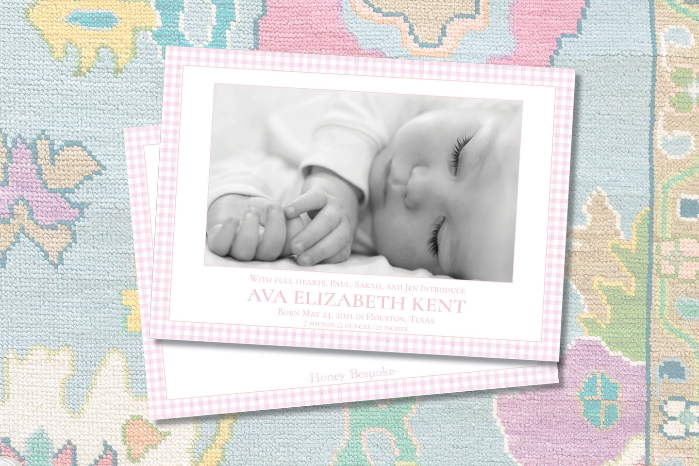 Pink Gingham Birth Announcement