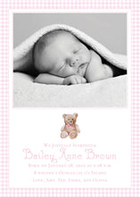 Load image into Gallery viewer, Pink Gingham Watercolor Teddy Bear Birth Announcement
