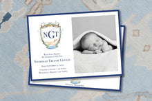 Load image into Gallery viewer, Sportsman Watercolor Crest Birth Announcement
