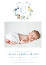 Load image into Gallery viewer, Boy Things Watercolor Crest Birth Announcement
