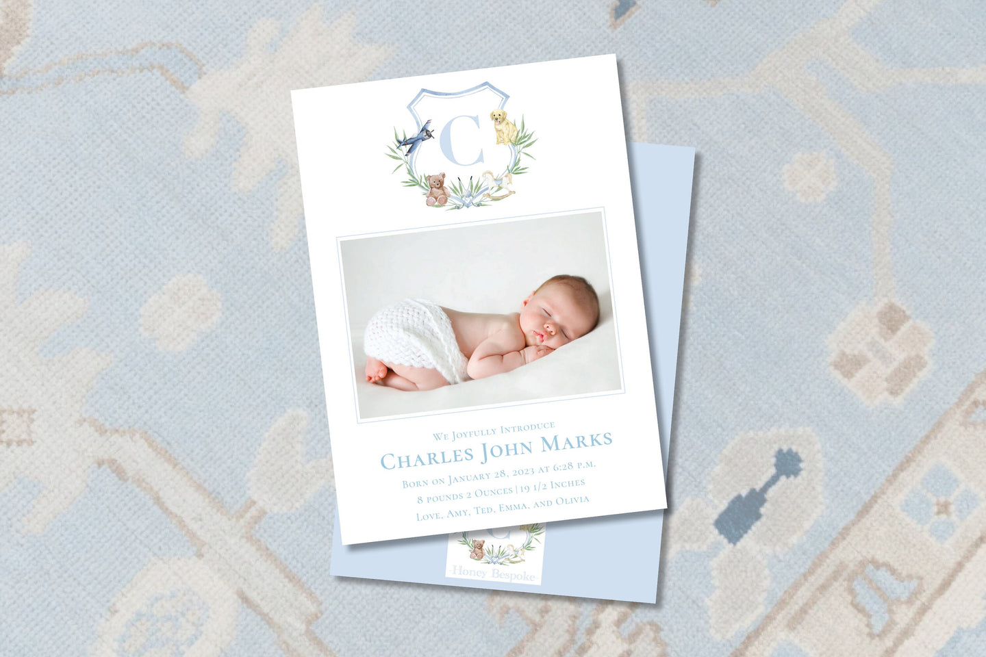 Boy Things Watercolor Crest Birth Announcement