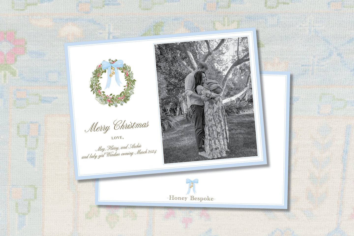 Elegant Blue Watercolor Wreath Christmas Card