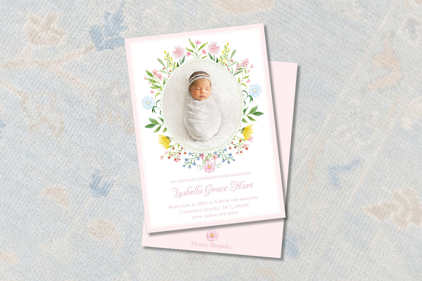 Flowers and Scallops Baby Girl Birth Announcement