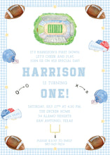 Load image into Gallery viewer, Baby&#39;s First Down Gingham Birthday Invitation
