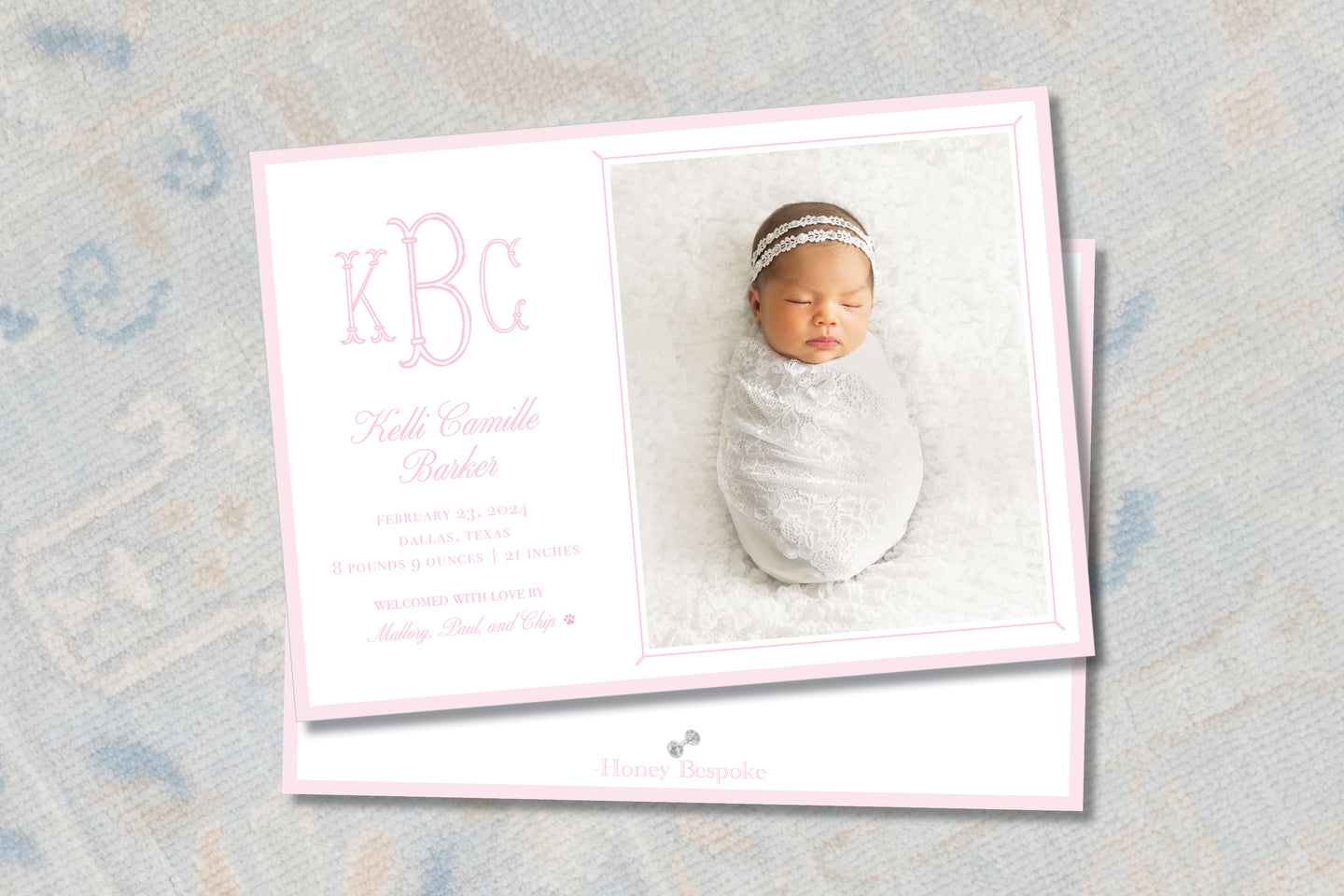 Pink Monogram Girl Birth Announcement